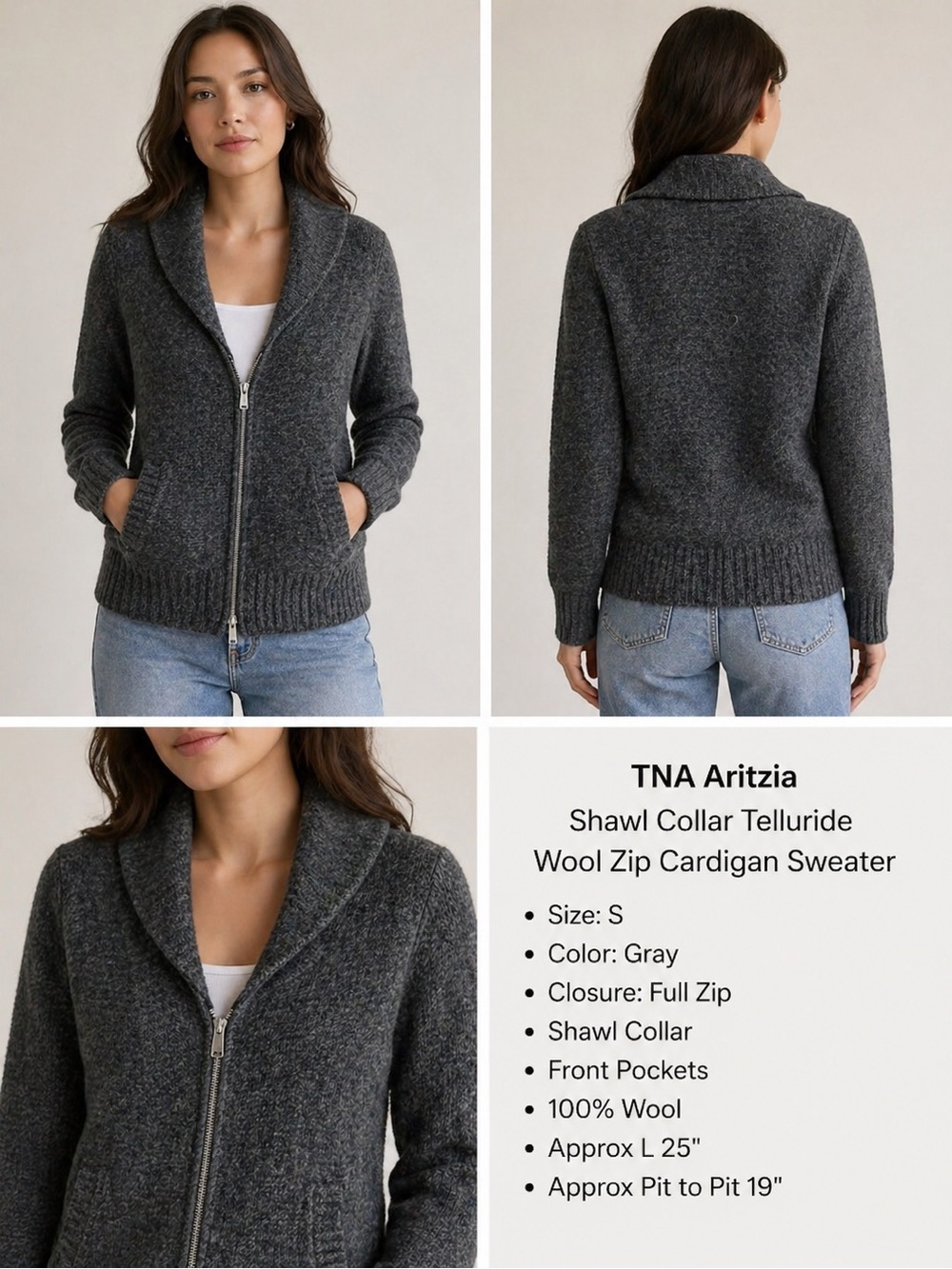 TNA Aritzia Shawl Collar Telluride Size S Wool Zip Cargdigan Sweater Gray